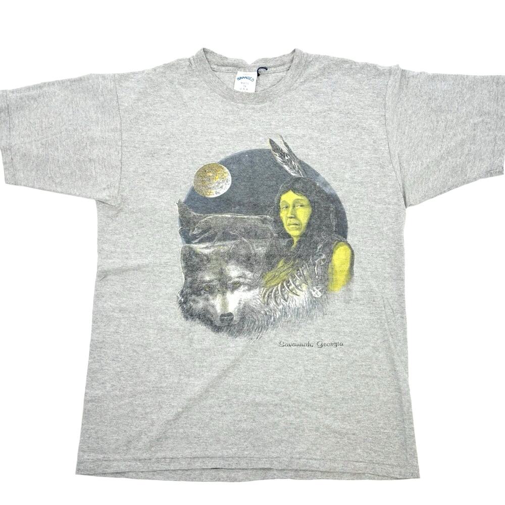 Vintage Native American T Shirt Mens Large Cherokee Tribe Wolf Graphic VTG